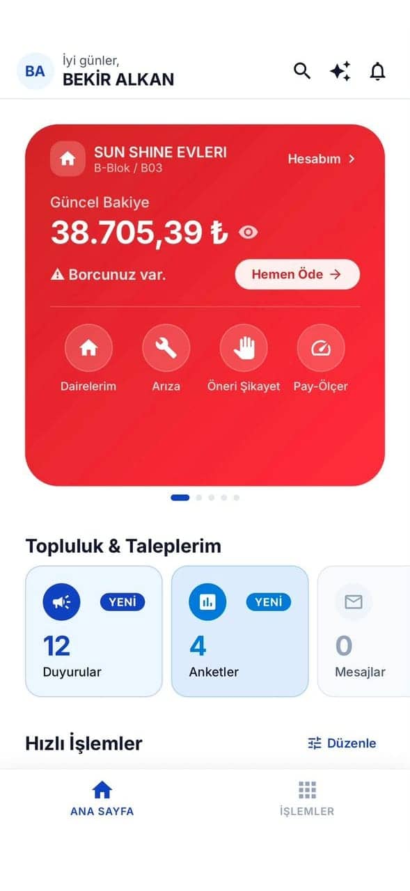 Kendin Yönet sakin uygulaması: güncel bakiye ve ödeme, hesap özeti, iletişim merkezi, borç dağılımı, Pay-Ölçer ve anketler