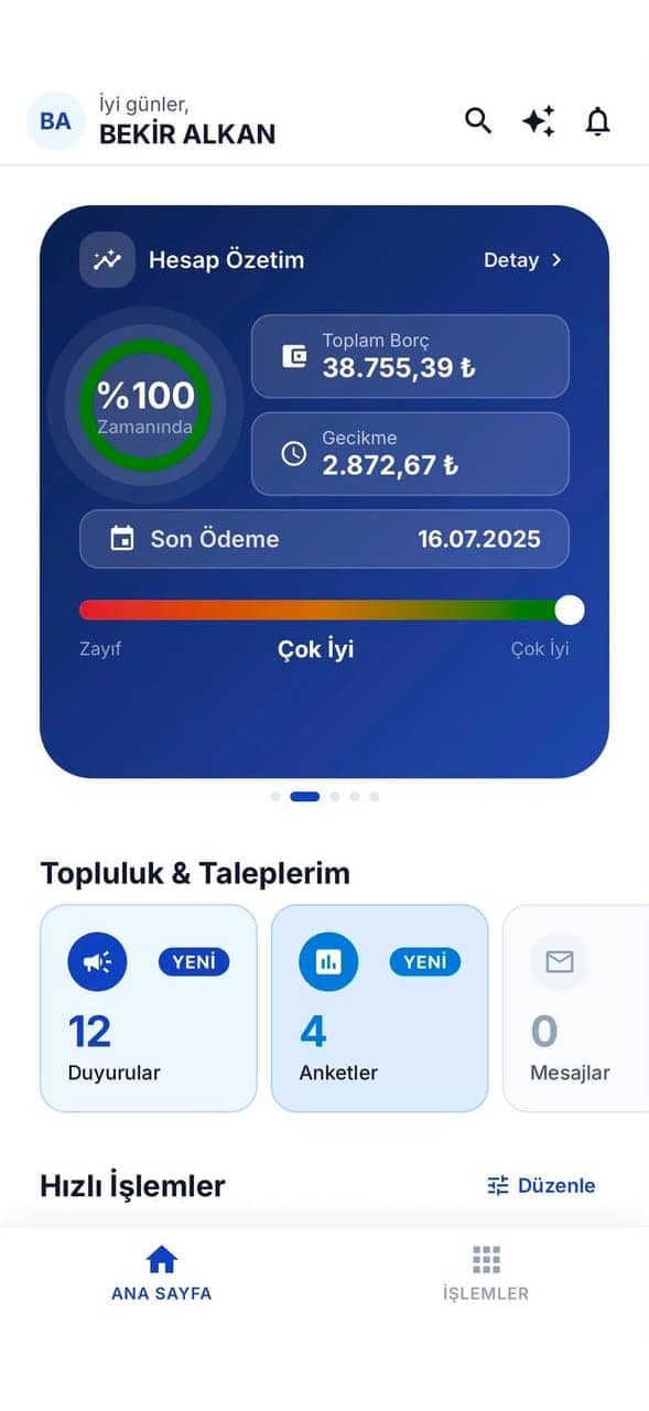 Kendin Yönet sakin uygulaması: hesap özeti, borç dağılımı, Pay-Ölçer, iletişim merkezi ve anketler
